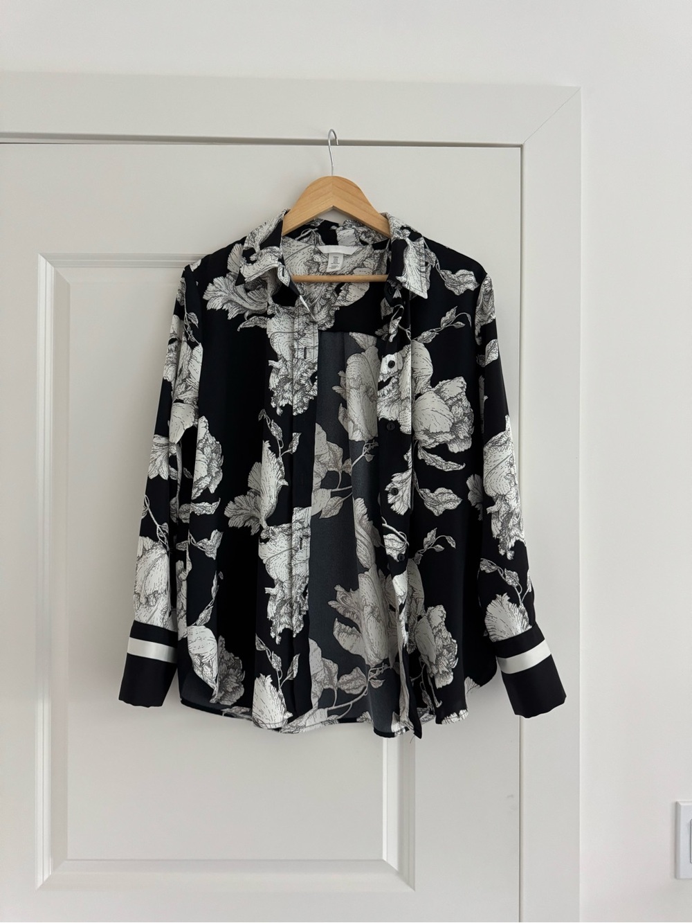 Black and White Floral Satin Button-Up Blouse